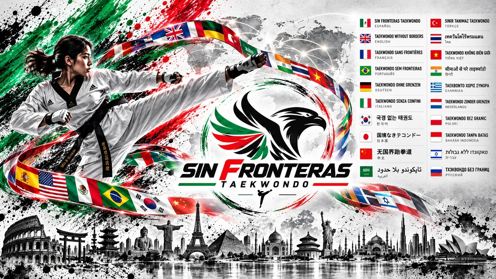 Arte de Sin Fronteras Taekwondo: una atleta lanza una patada entre las banderas del mundo, con el emblema y la frase en muchos idiomas